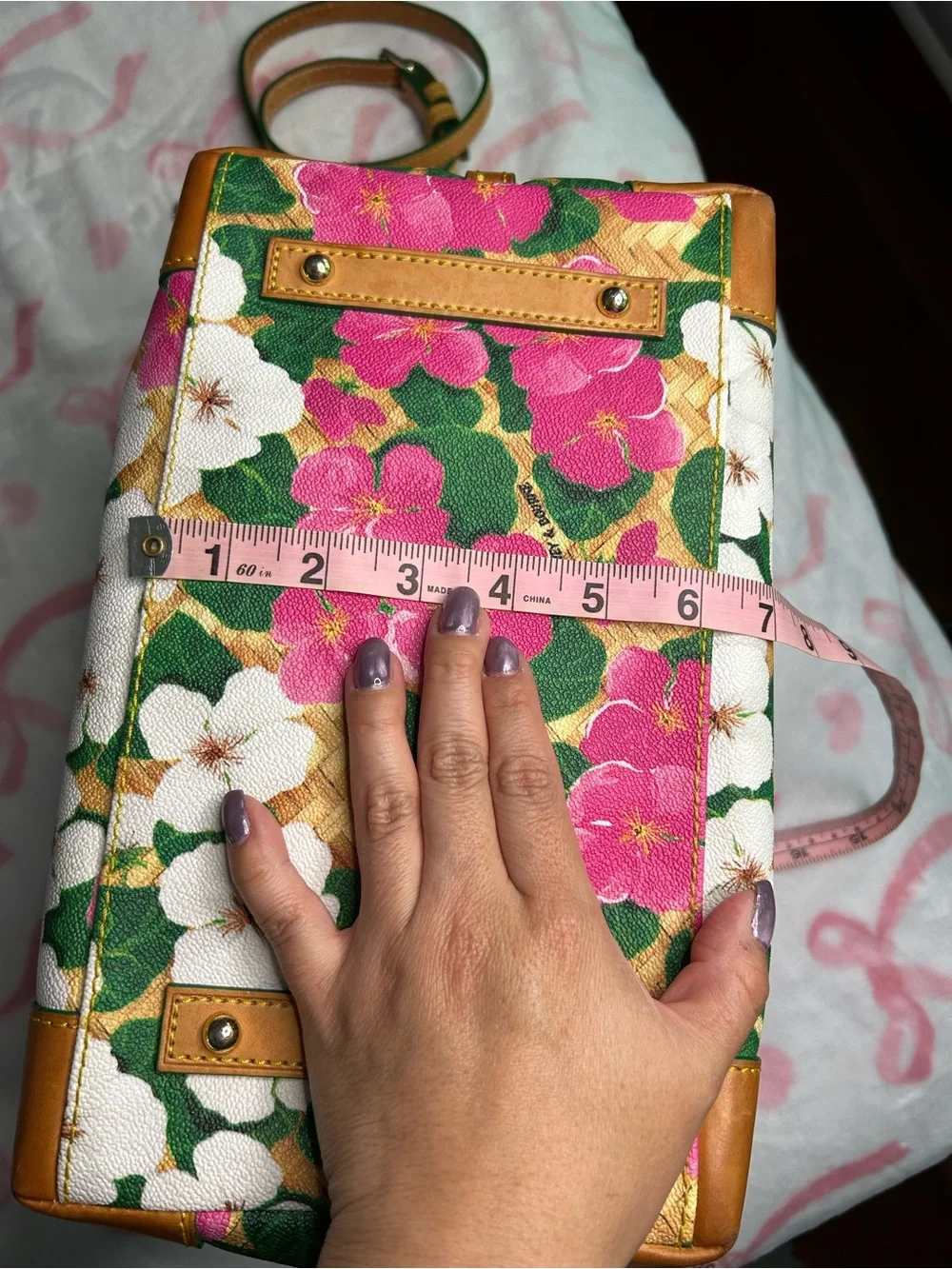 Dooney & Bourke Pink, White & Green Floral Satchel with Tan Trim